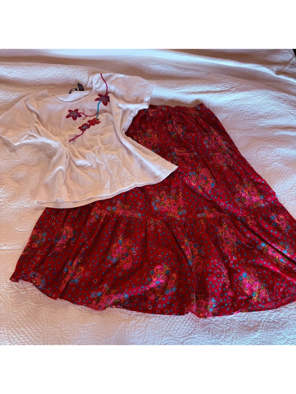 Krazy Kay Vintage Pink and Floral Embroidery Boho Feminine Skirt and Shirt Set